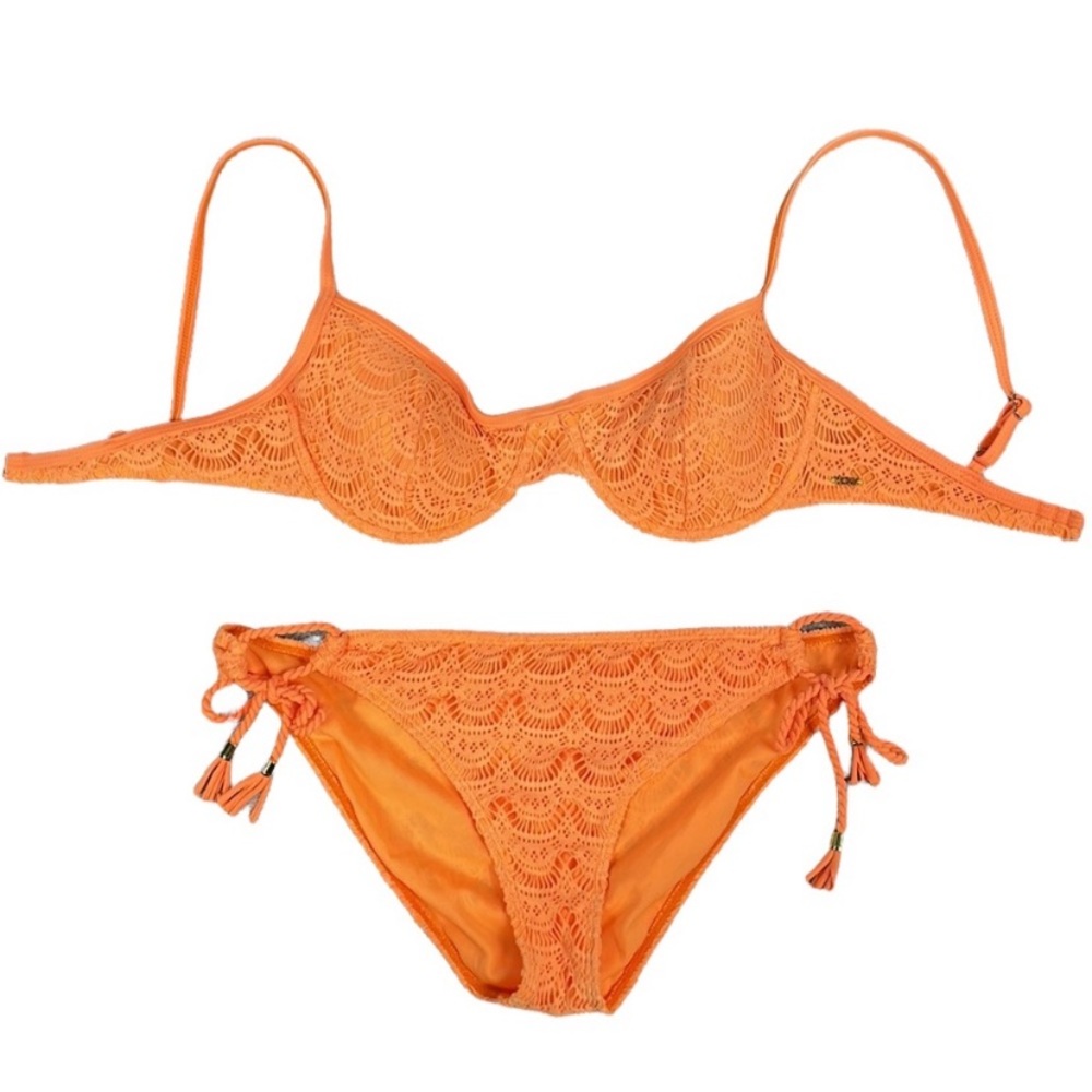 Roxy Crochet Bikini Neon Orange 2 Piece with Underwire Bra Top Sz L